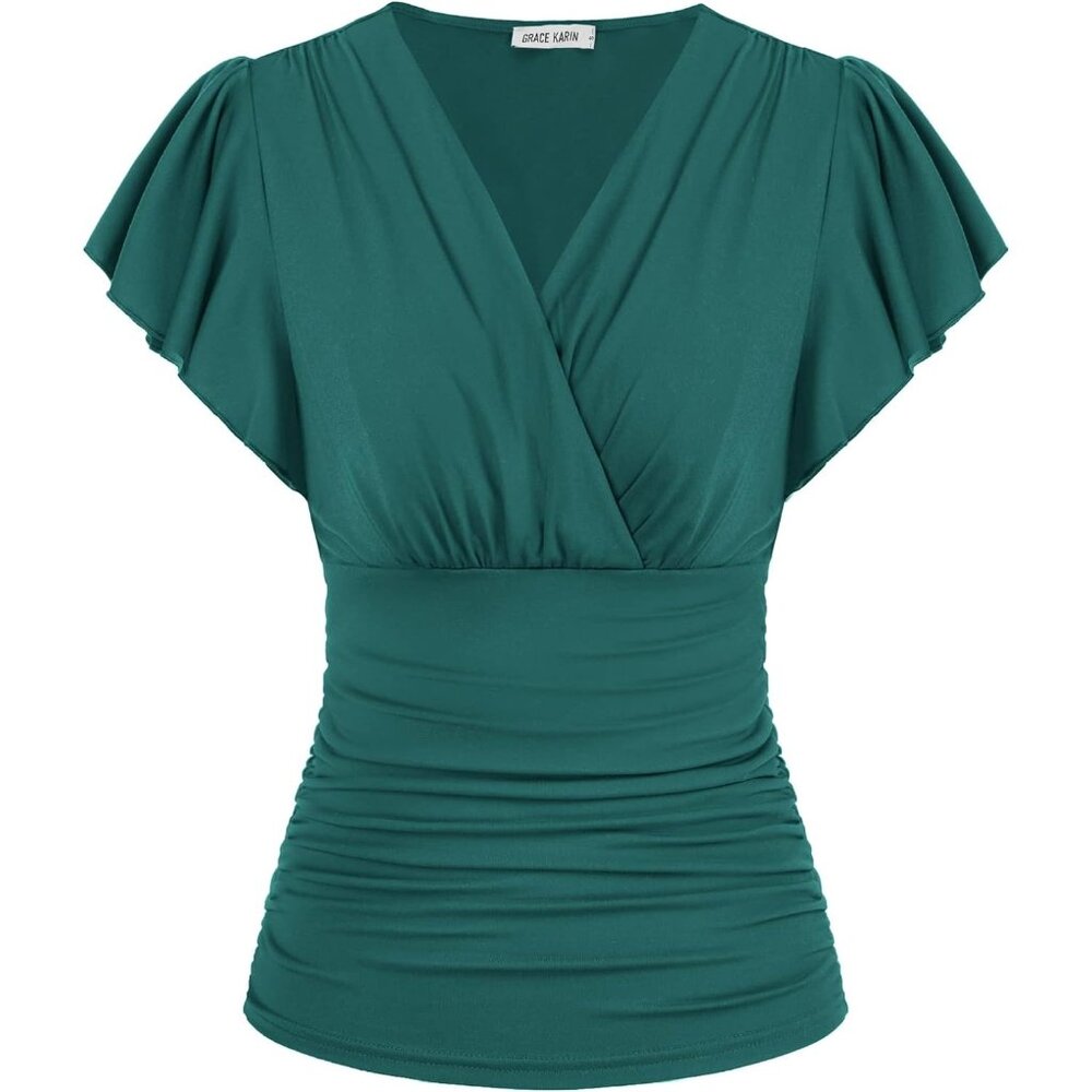 Womens Tops Summer Elegant Wrap Blouse V Neck Long Sleeve Casual Ruched Top